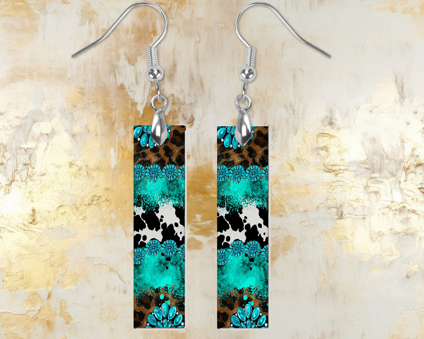 Western Cowhide and Turquoise Print Bar Earrings, Printed Wood Dangle Earrings Hypoallergenic Jewelry Handmade