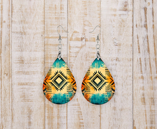 Tribal Pattern Earrings Print Tear Drop Wood Dangle Earrings Hypoallergenic Jewelry