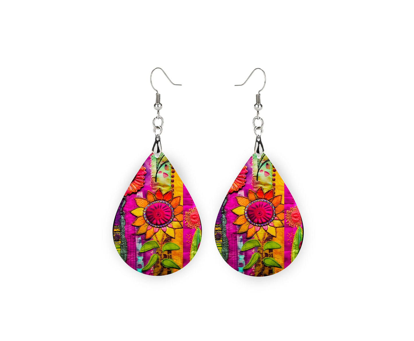 Gypsy Sunflower Earrings Print Tear Drop Wood Dangle Earrings Hypoallergenic Jewelry