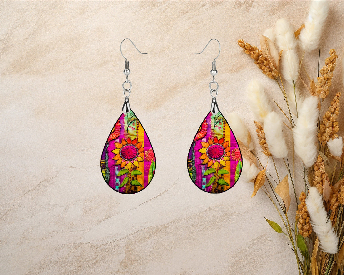 Gypsy Sunflower Earrings Print Tear Drop Wood Dangle Earrings Hypoallergenic Jewelry