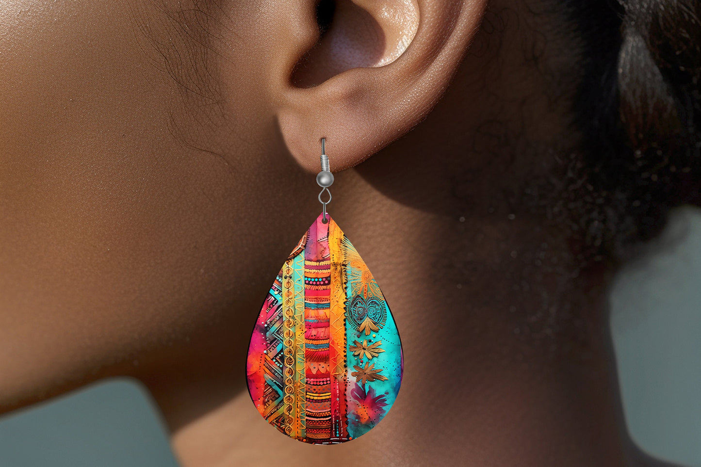 Gypsy Tapestry Earrings Print Tear Drop Wood Dangle Earrings Hypoallergenic Jewelry