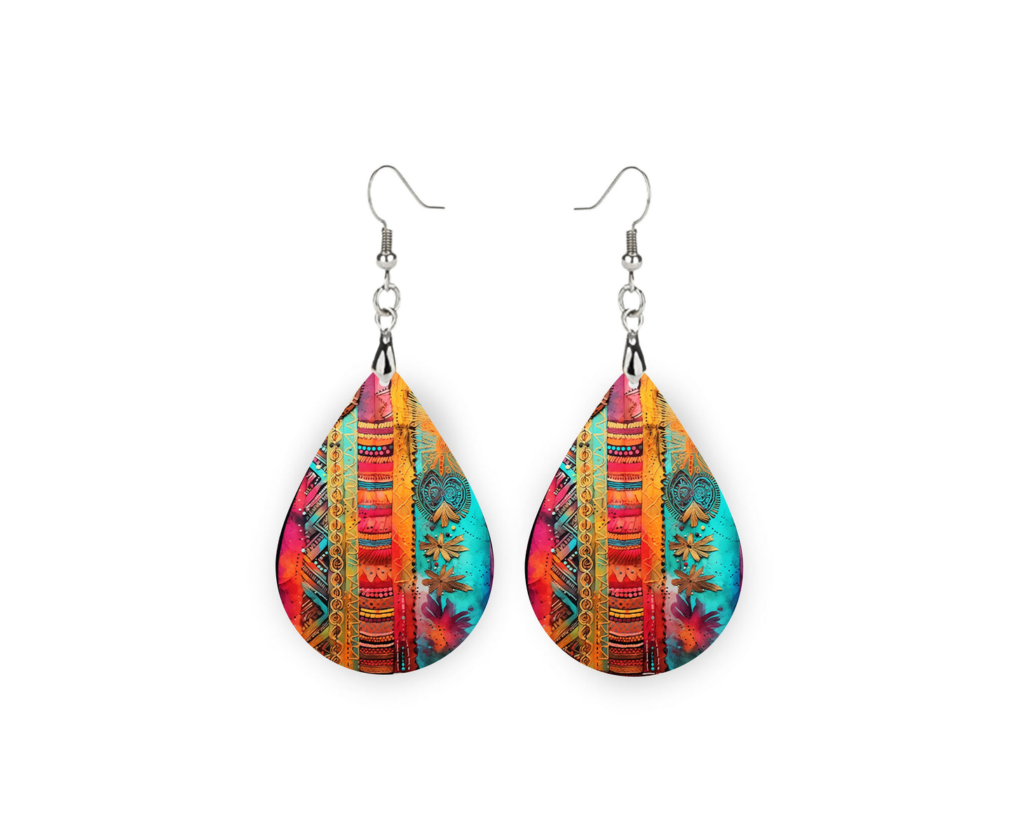 Gypsy Tapestry Earrings Print Tear Drop Wood Dangle Earrings Hypoallergenic Jewelry