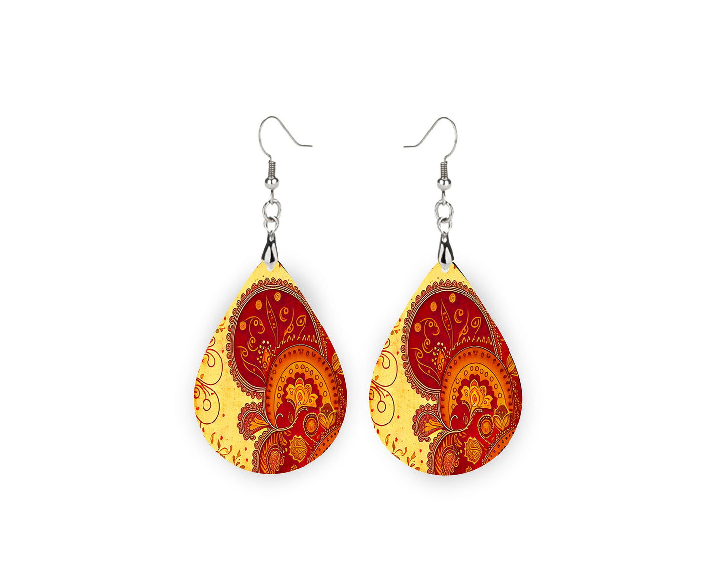 Henna Paisley Earrings Print Tear Drop Wood Dangle Earrings Hypoallergenic Jewelry