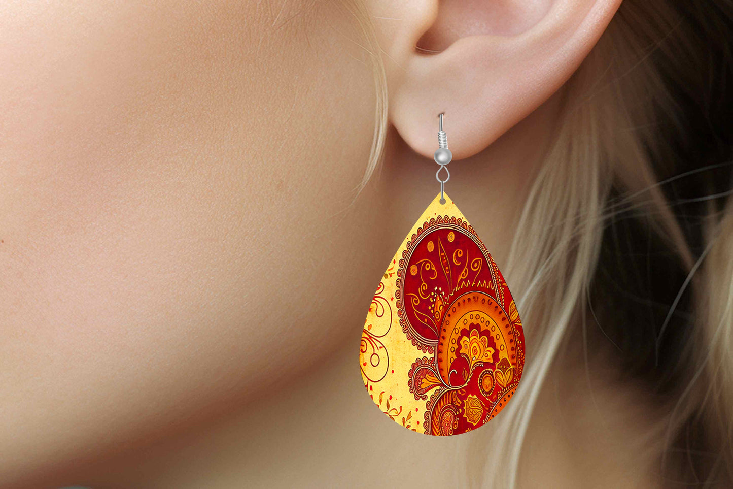 Henna Paisley Earrings Print Tear Drop Wood Dangle Earrings Hypoallergenic Jewelry