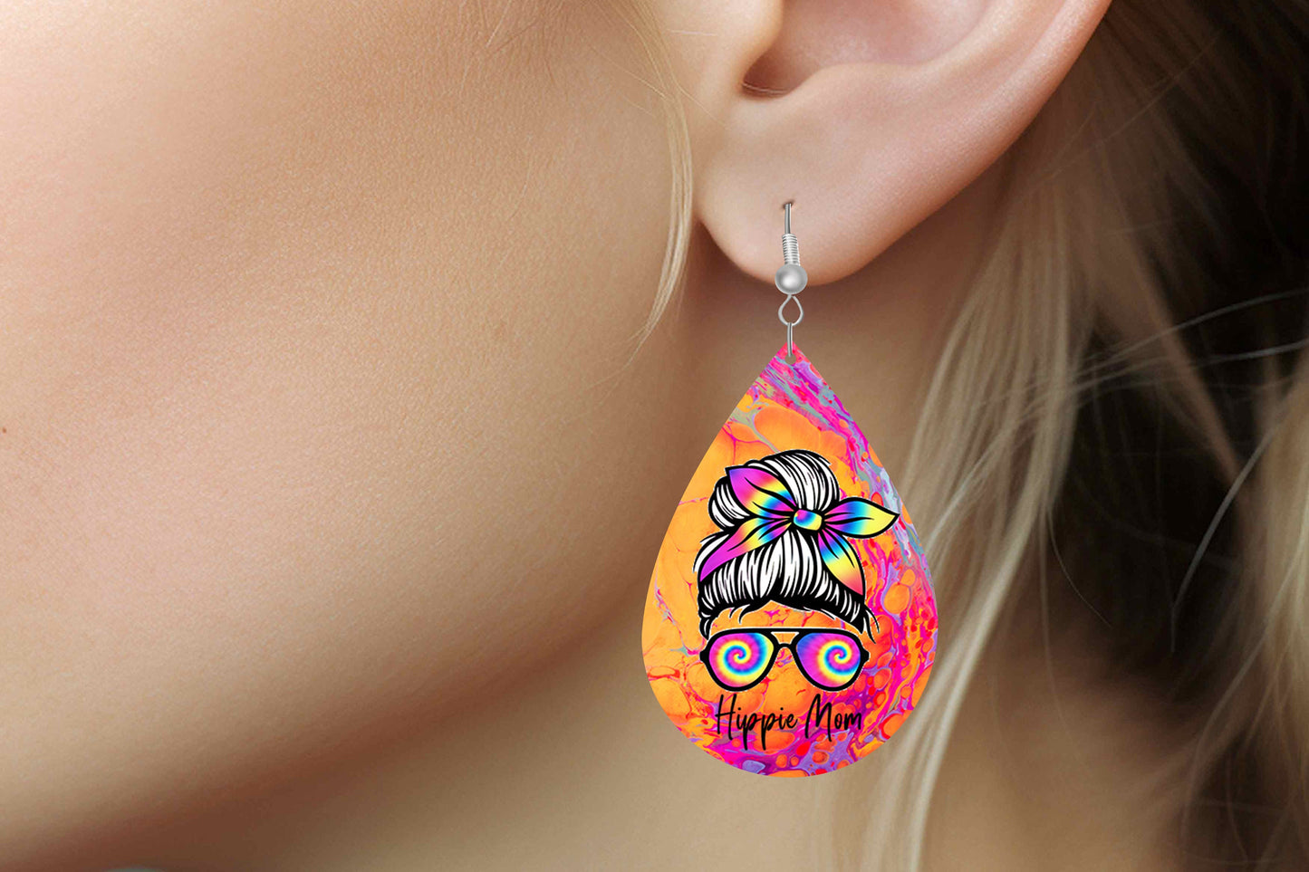 Hippie Mom Earrings Print Tear Drop Wood Dangle Earrings Hypoallergenic Jewelry