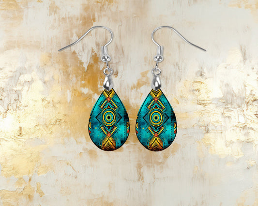 Turquoise and Yellow Tribal Earrings Print Tear Drop Wood Dangle Earrings Hypoallergenic Jewelry