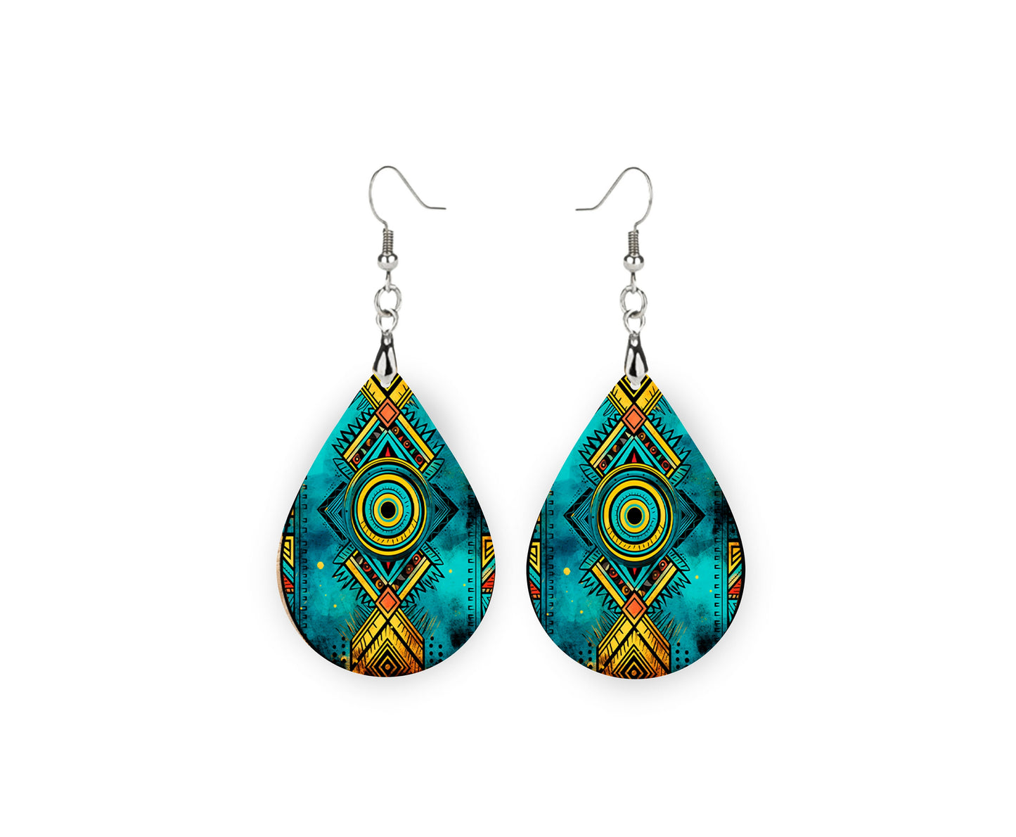 Turquoise and Yellow Tribal Earrings Print Tear Drop Wood Dangle Earrings Hypoallergenic Jewelry