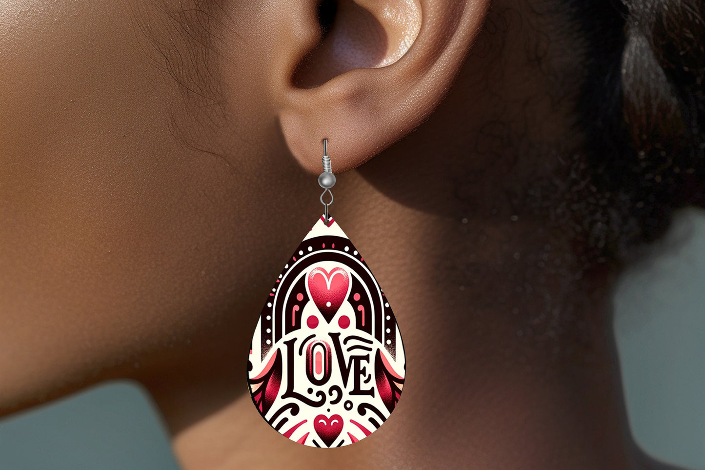 Valentine Love Earrings Print Tear Drop Wood Dangle Earrings Hypoallergenic Jewelry