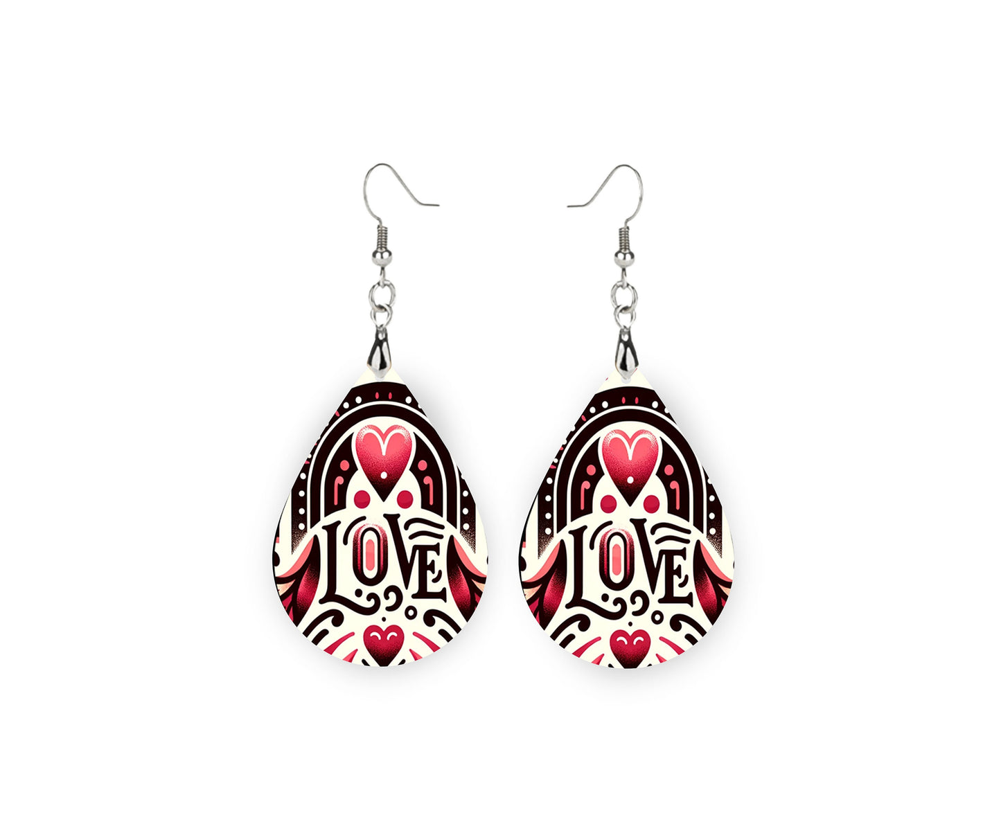 Valentine Love Earrings Print Tear Drop Wood Dangle Earrings Hypoallergenic Jewelry