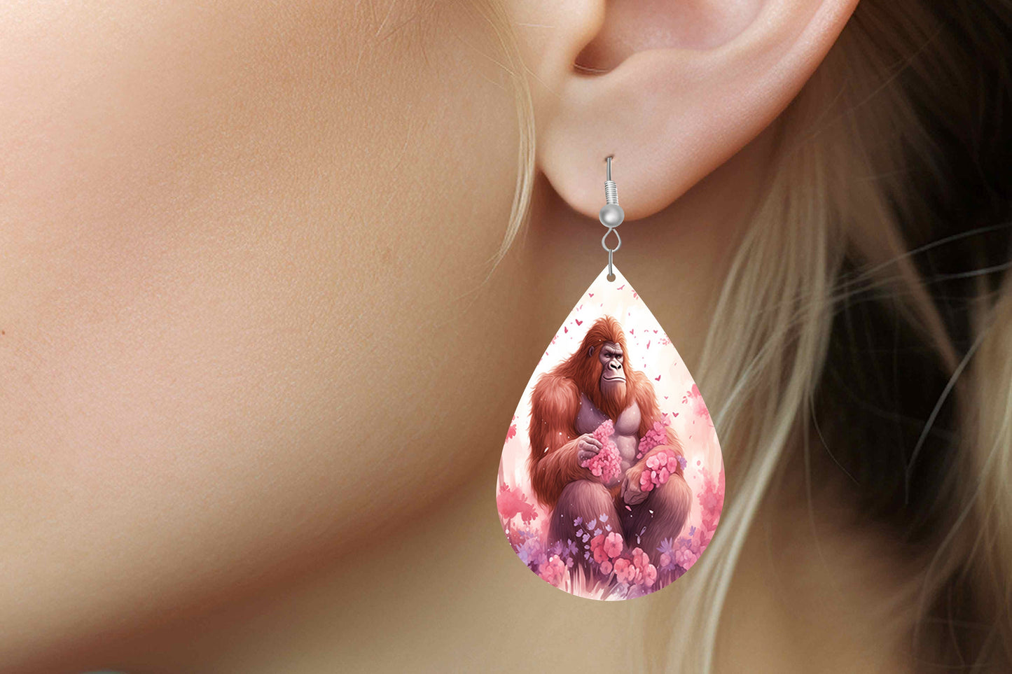 Valentine's Day Bigfoot Earrings Print Tear Drop Wood Dangle Earrings Hypoallergenic Jewelry