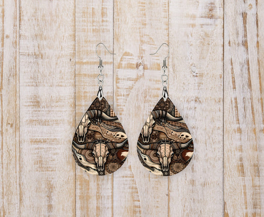 Western Collage Earrings Print Tear Drop Wood Dangle Earrings Hypoallergenic Jewelry