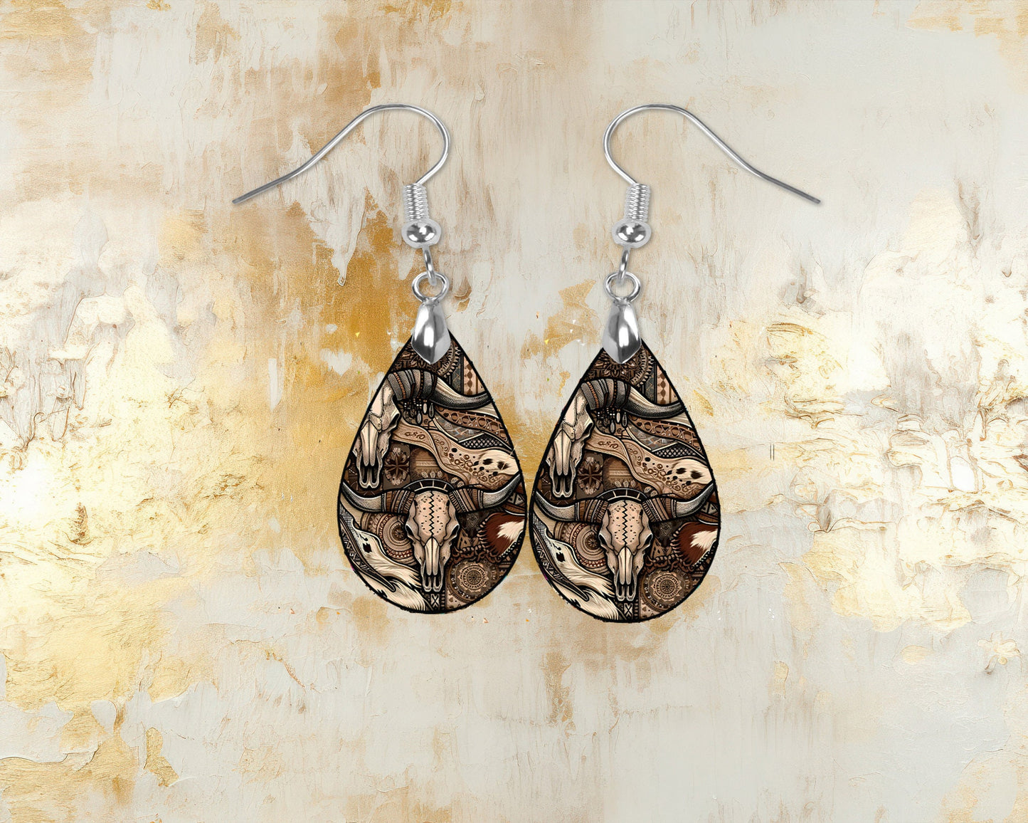 Western Collage Earrings Print Tear Drop Wood Dangle Earrings Hypoallergenic Jewelry