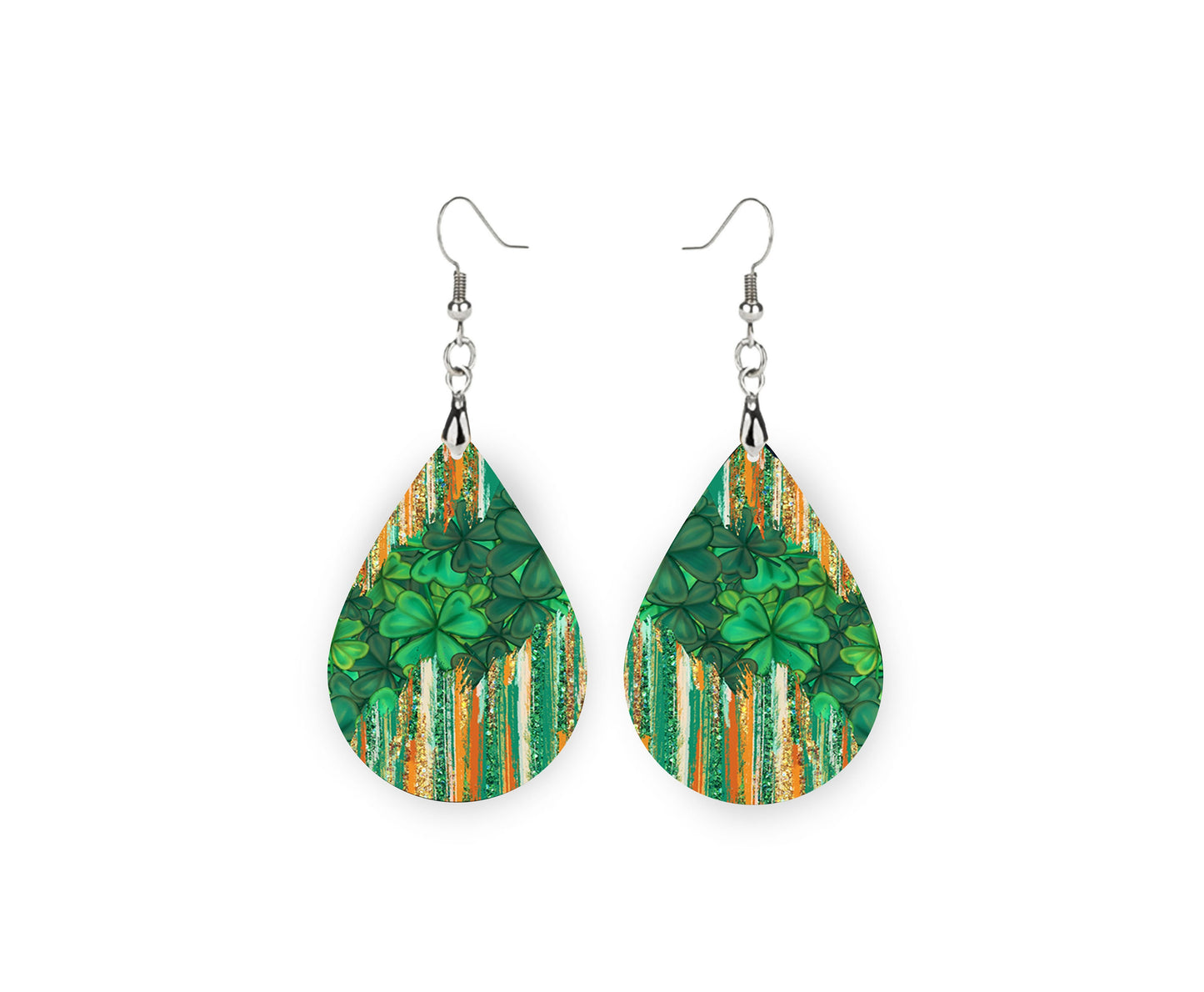 St. Patrick's Day Clover Print Tear Drop Wood Dangle Earrings Hypoallergenic Jewelry