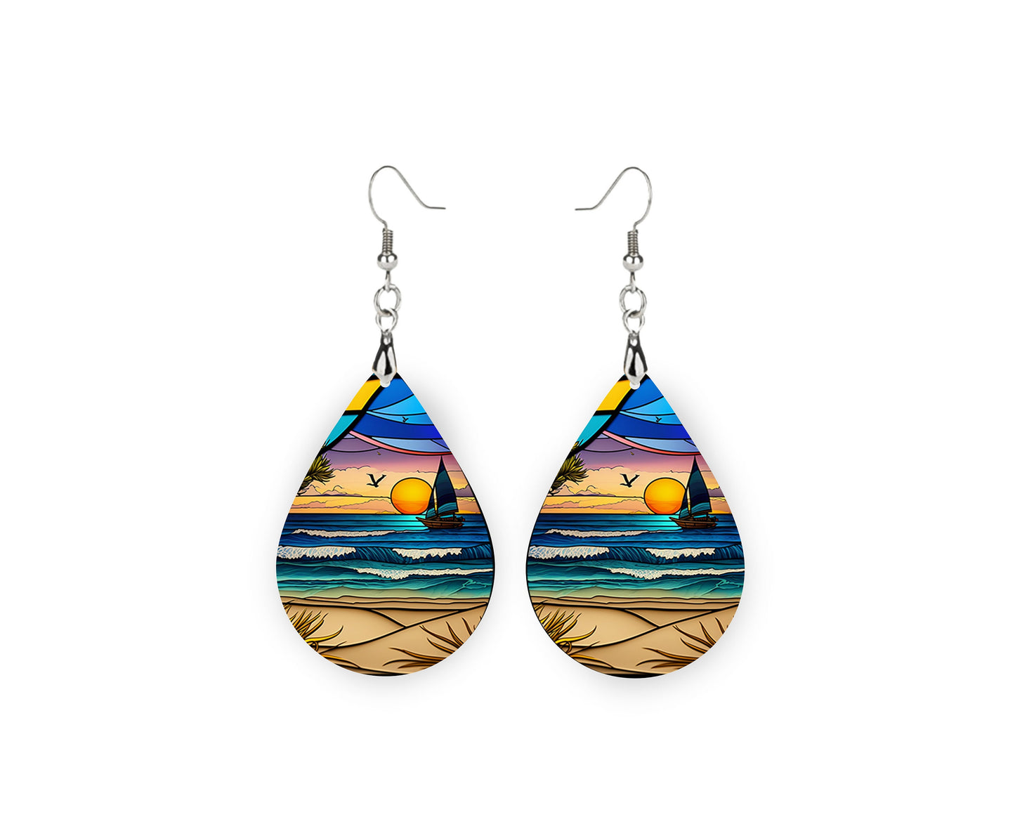 Faux Stain Glass Sailboats Print Tear Drop Wood Dangle Earrings Hypoallergenic Jewelry