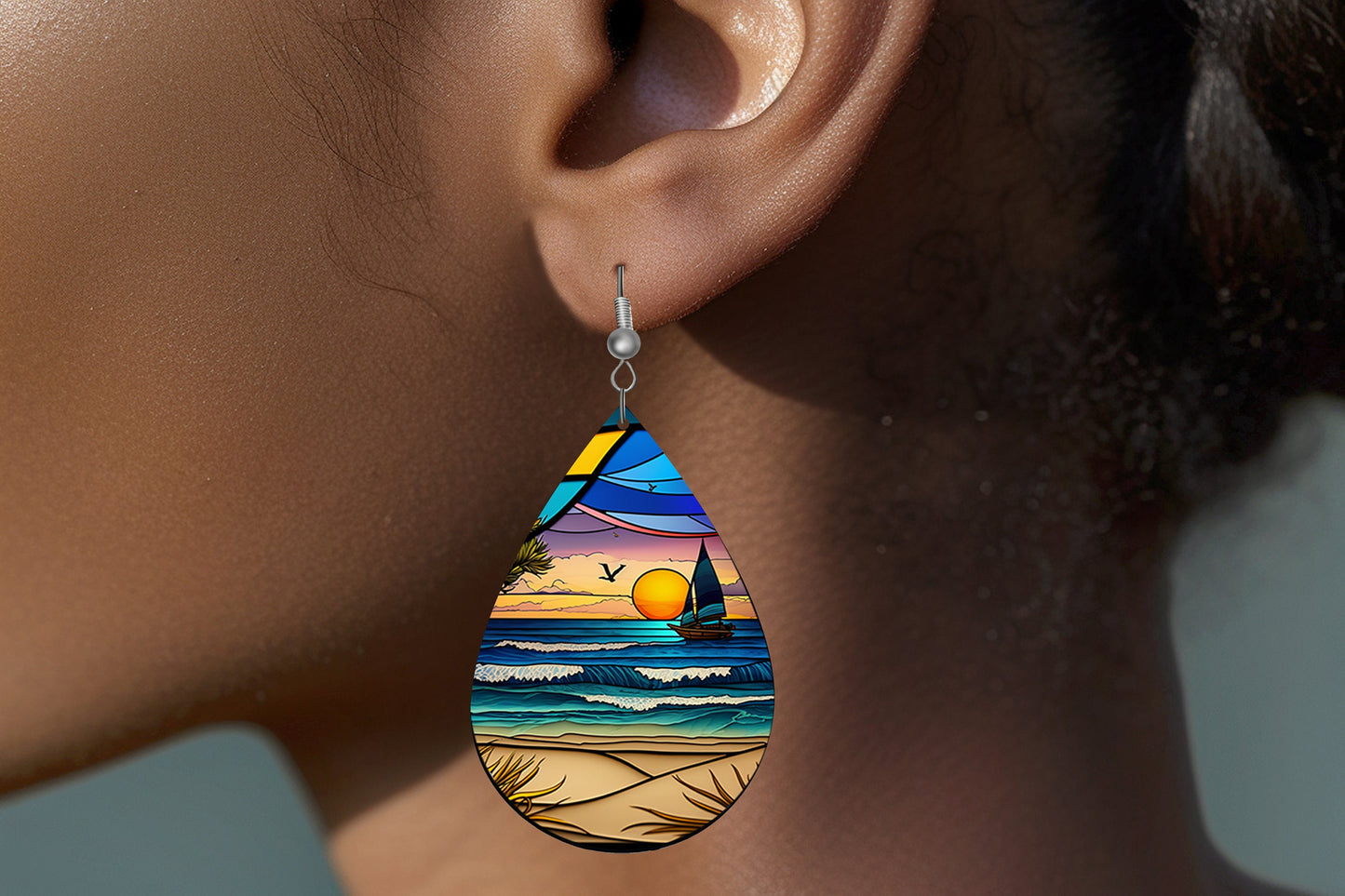 Faux Stain Glass Sailboats Print Tear Drop Wood Dangle Earrings Hypoallergenic Jewelry