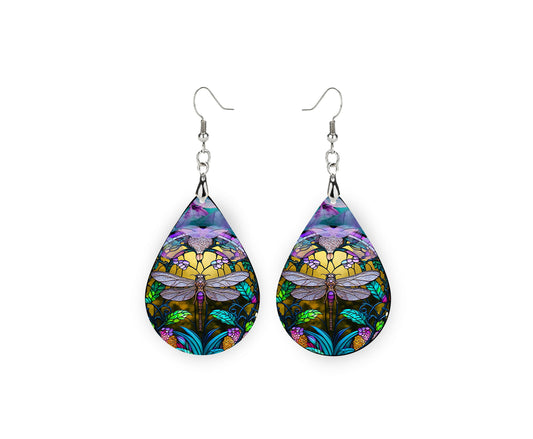 Faux Stain Glass Dragonfly Print Tear Drop Wood Dangle Earrings Hypoallergenic Jewelry