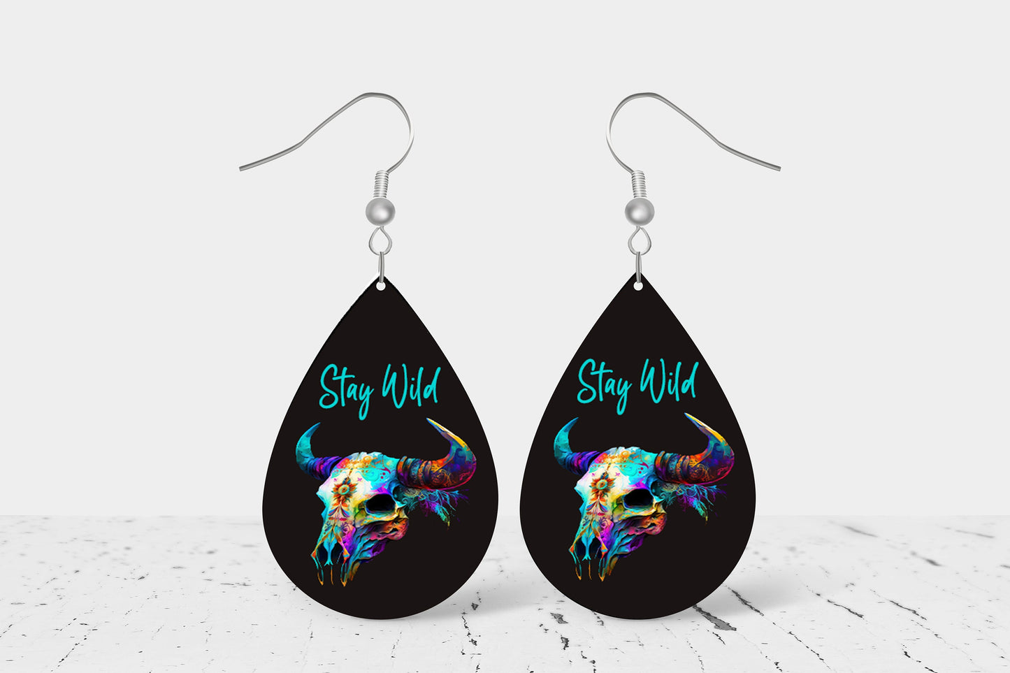 Stay Wild Cow Skull Western Print Tear Drop Wood Dangle Earrings Hypoallergenic Jewelry