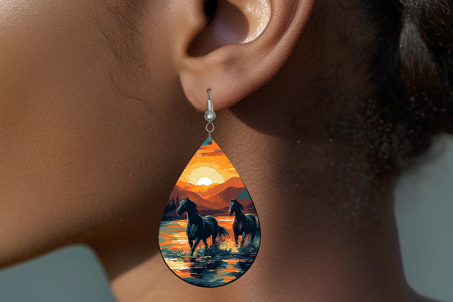 Sunset Horses Print Tear Drop Wood Dangle Earrings Hypoallergenic Jewelry