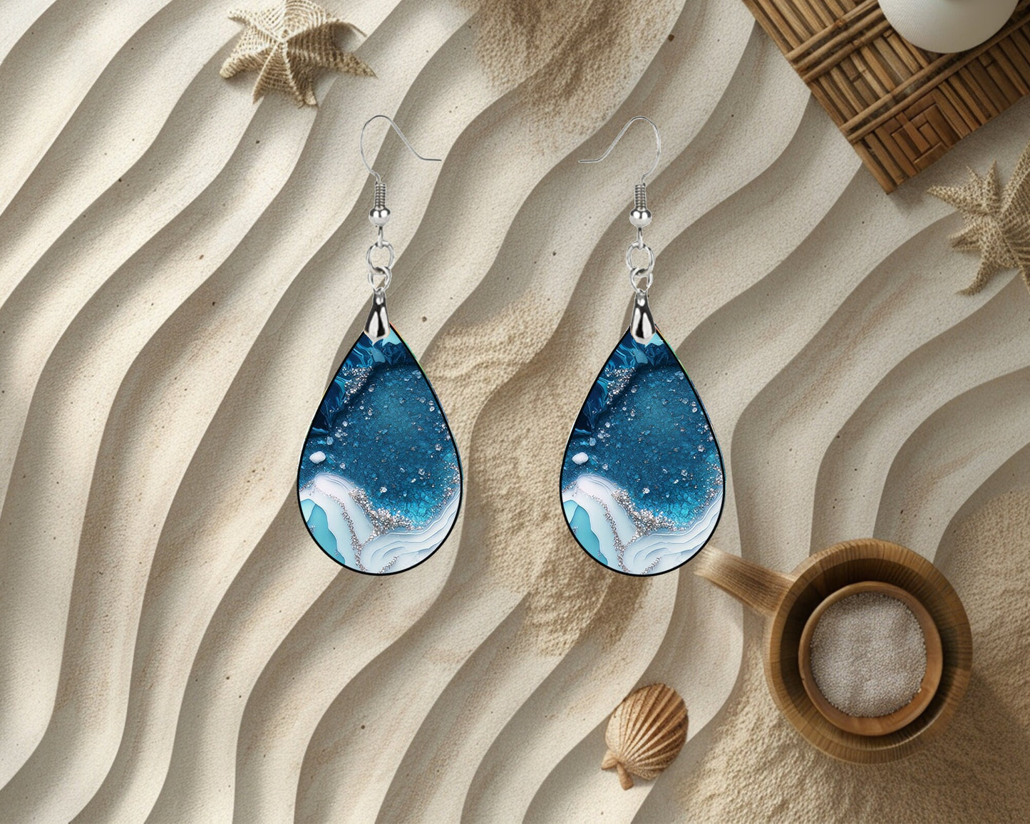 Tide Pull Agate Print Tear Drop Wood Dangle Earrings Hypoallergenic Jewelry