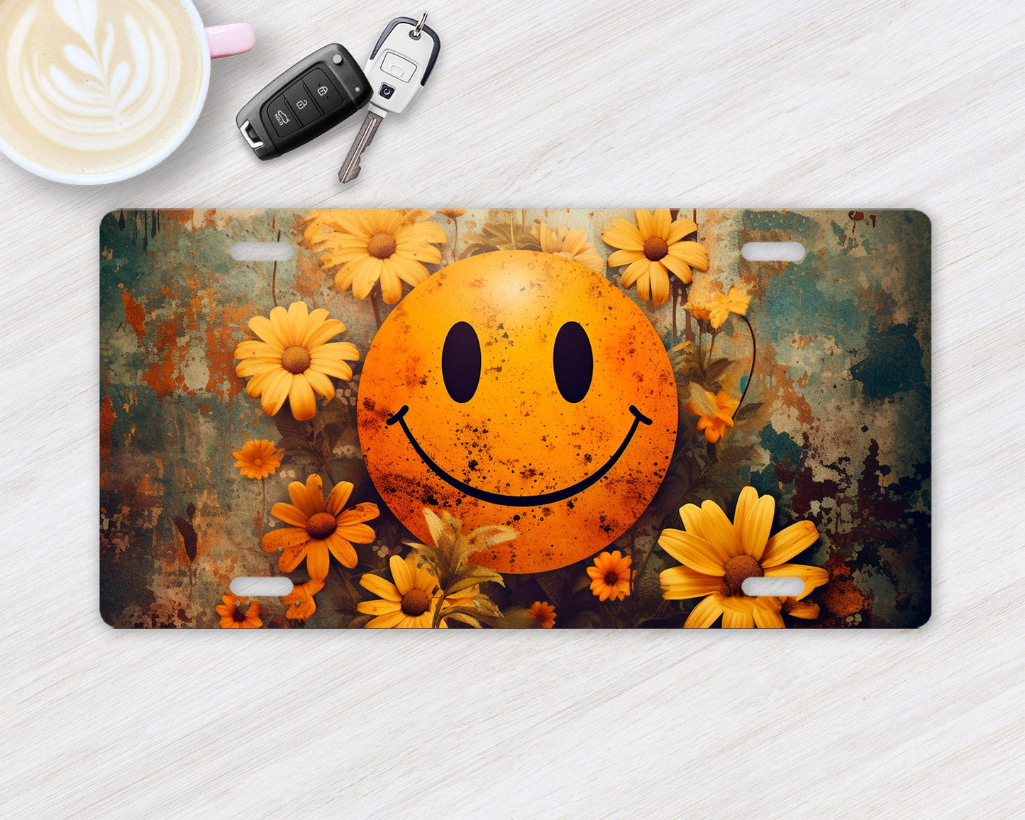 Vanity Front License Plate, Distressed Smiley Face Aluminum Vanity License Plate Car Accessory Decorative Front Plate