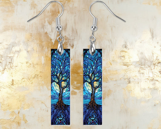 Blue Faux Stain Glass Tree Printed Wood Dangle Earrings Hypoallergenic Jewelry Handmade