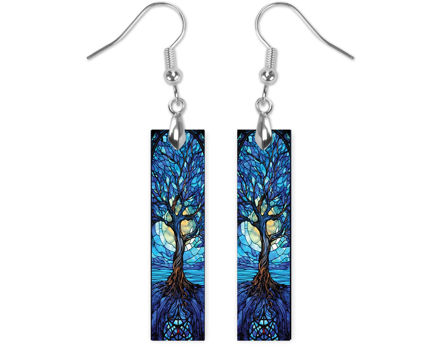 Blue Faux Stain Glass Tree Printed Wood Dangle Earrings Hypoallergenic Jewelry Handmade