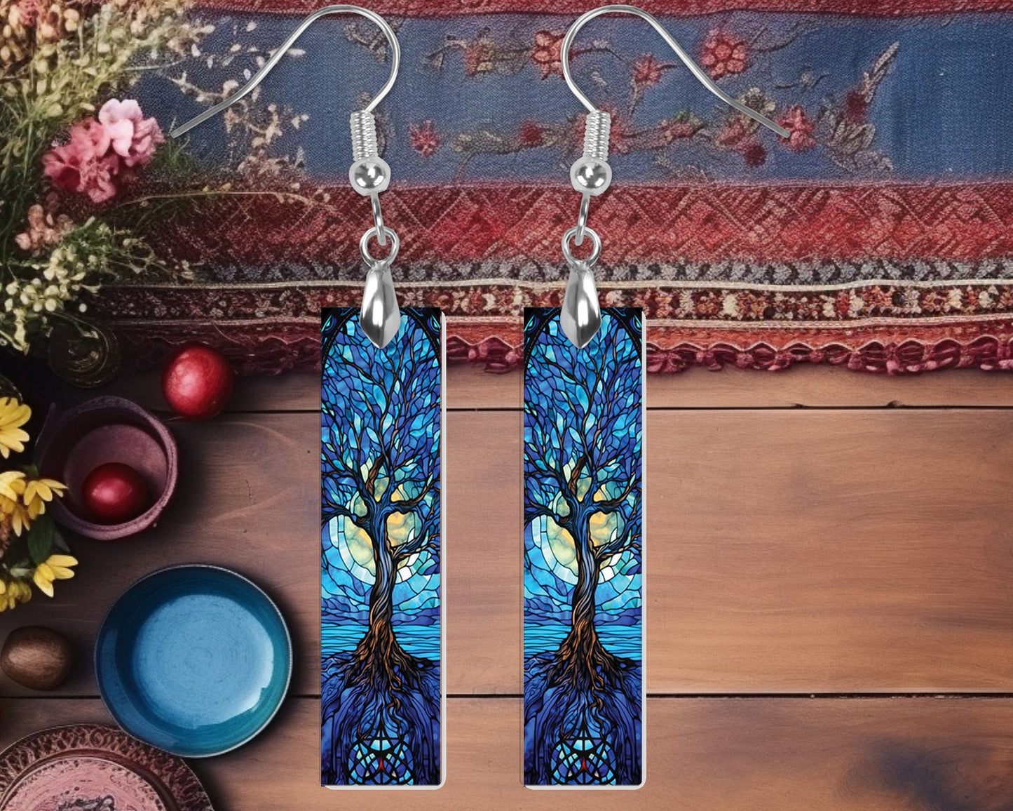 Blue Faux Stain Glass Tree Printed Wood Dangle Earrings Hypoallergenic Jewelry Handmade