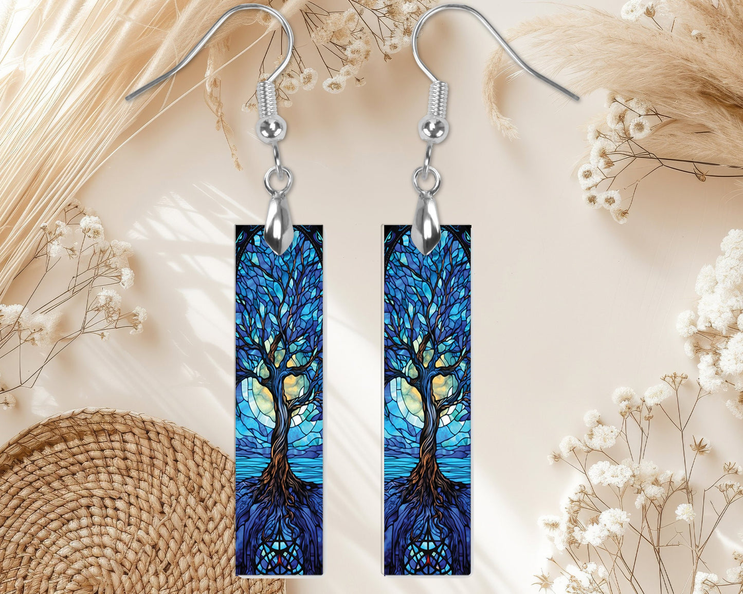 Blue Faux Stain Glass Tree Printed Wood Dangle Earrings Hypoallergenic Jewelry Handmade