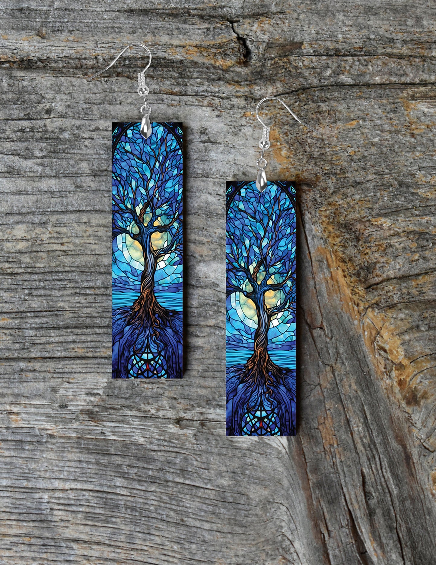 Blue Faux Stain Glass Tree Printed Wood Dangle Earrings Hypoallergenic Jewelry Handmade