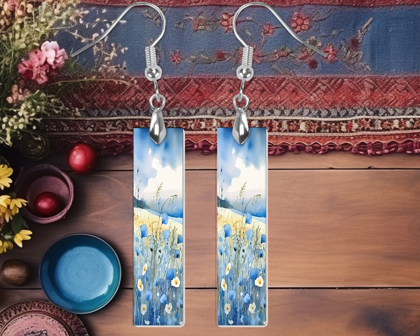 Blue Wildflowers Earrings, Printed Wood Dangle Earrings Hypoallergenic Jewelry Handmade