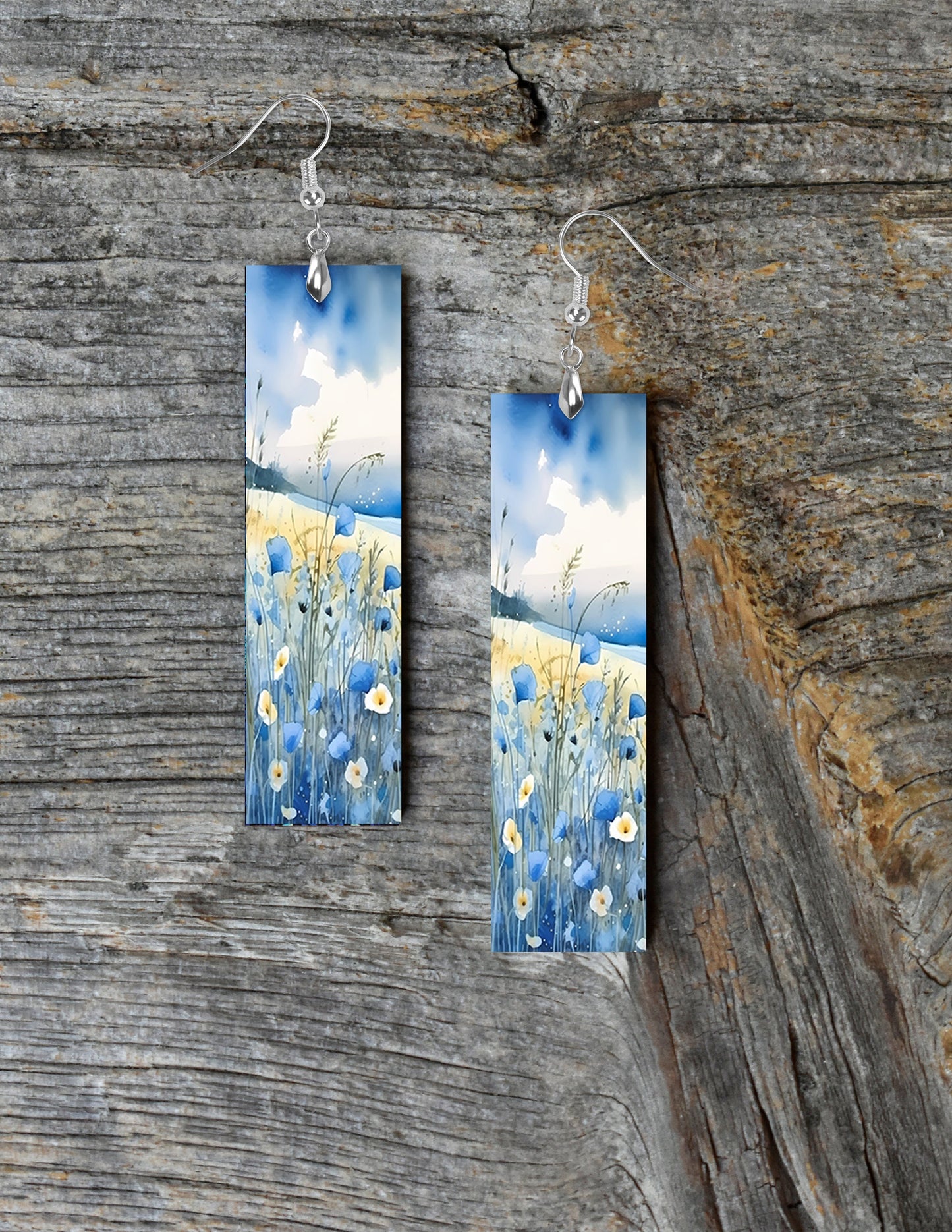 Blue Wildflowers Earrings, Printed Wood Dangle Earrings Hypoallergenic Jewelry Handmade