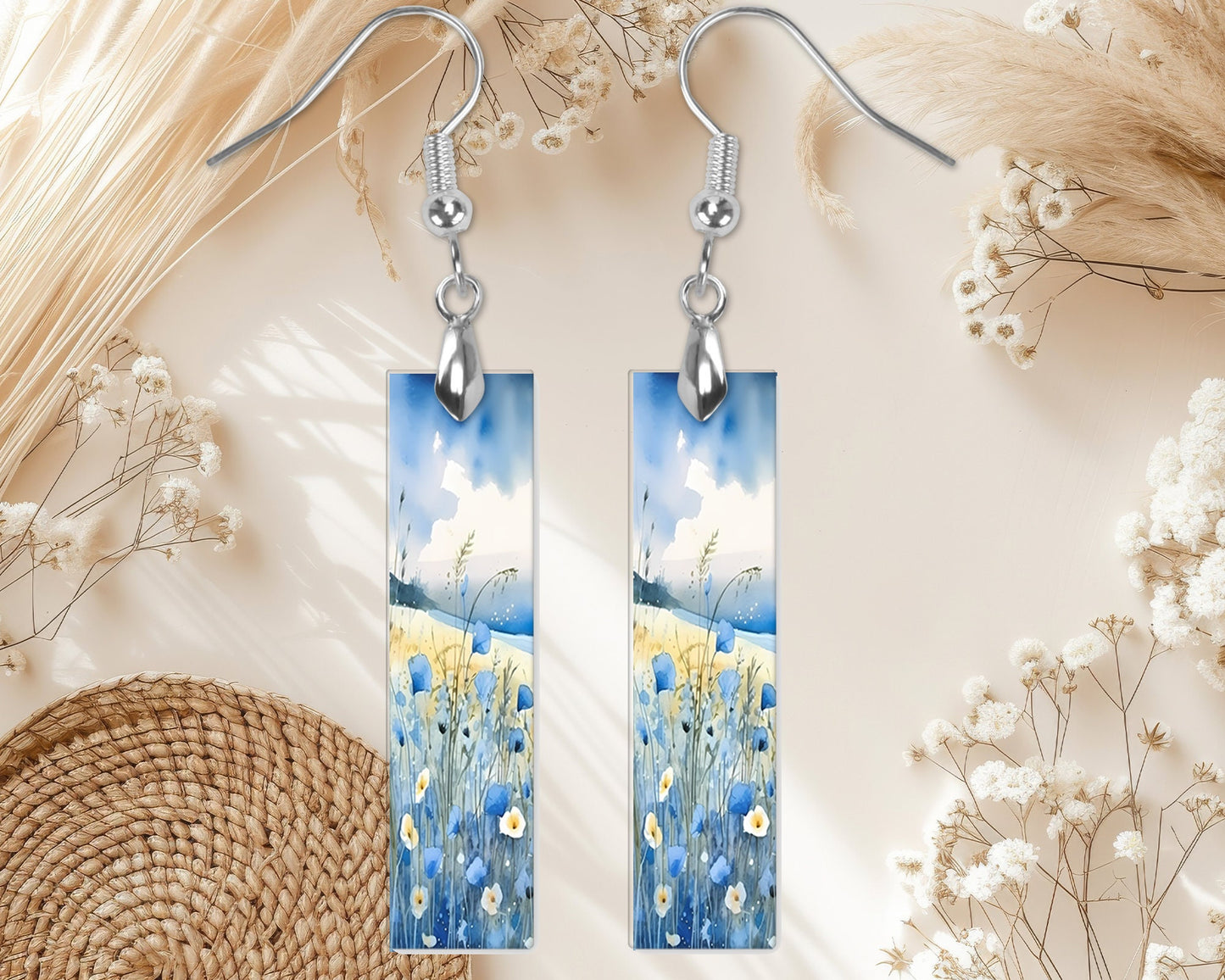 Blue Wildflowers Earrings, Printed Wood Dangle Earrings Hypoallergenic Jewelry Handmade