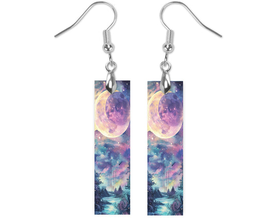 Celestial Watercolor Printed Wood Dangle Earrings Hypoallergenic Jewelry Handmade