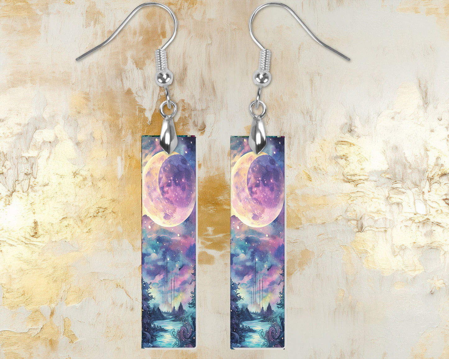 Celestial Watercolor Printed Wood Dangle Earrings Hypoallergenic Jewelry Handmade