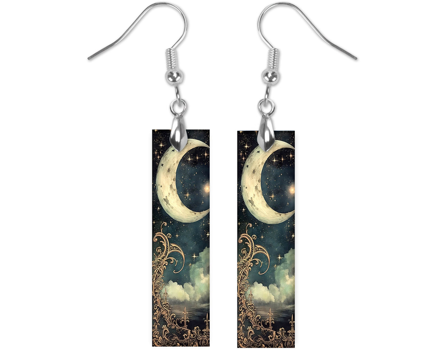 Crescent  Moon Earrings, Printed Wood Dangle Earrings Hypoallergenic Jewelry Handmade