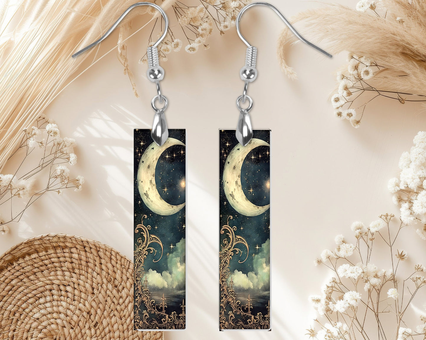 Crescent  Moon Earrings, Printed Wood Dangle Earrings Hypoallergenic Jewelry Handmade