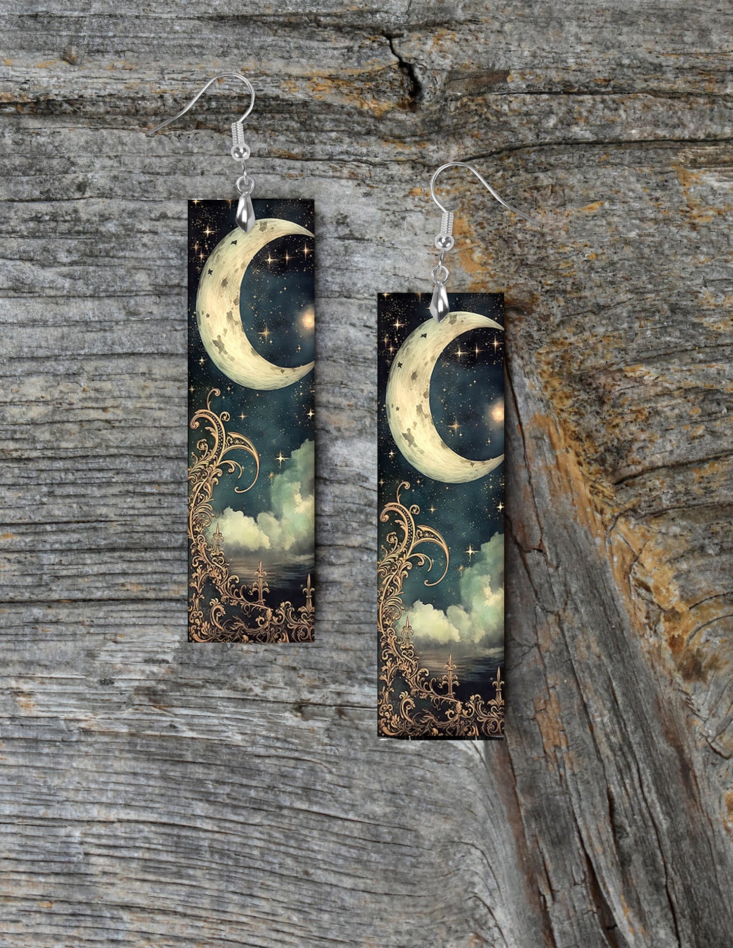 Crescent  Moon Earrings, Printed Wood Dangle Earrings Hypoallergenic Jewelry Handmade