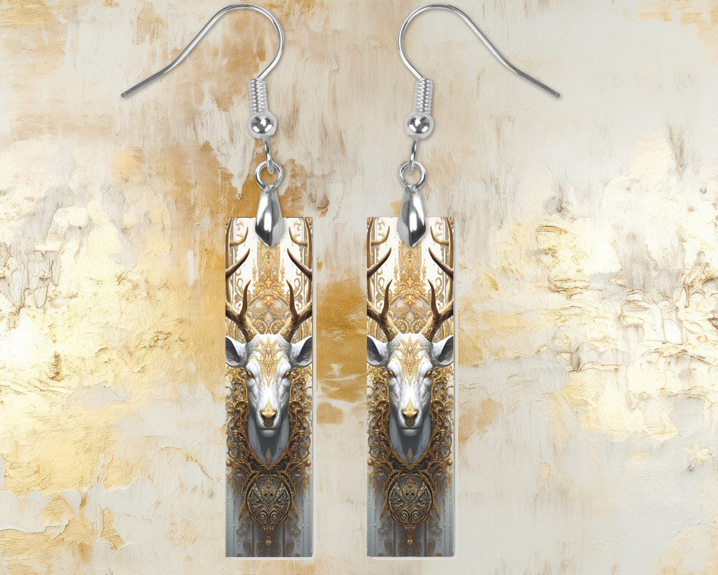 Rococo Deer Earrings, Printed Wood Dangle Earrings Hypoallergenic Jewelry Handmade