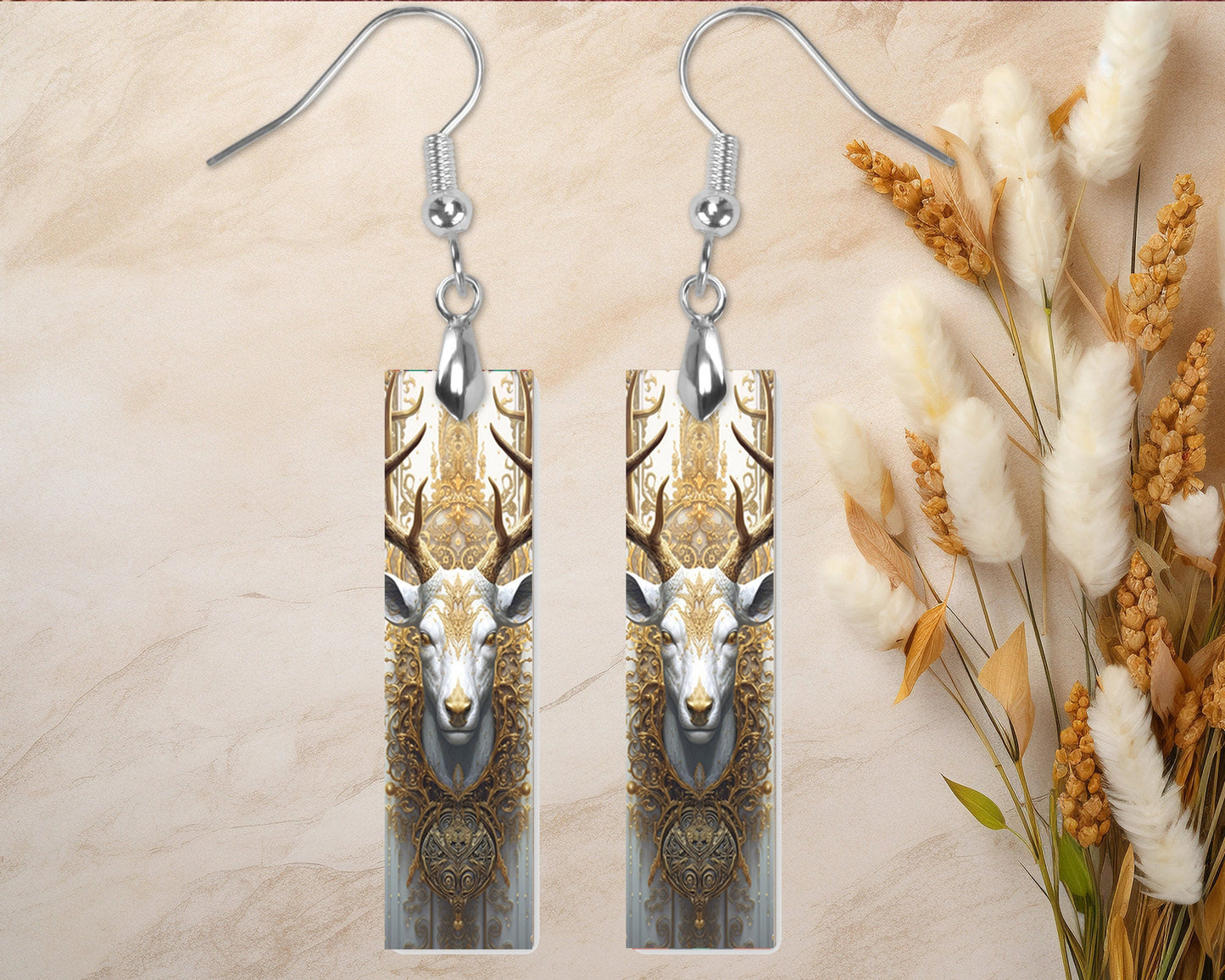 Rococo Deer Earrings, Printed Wood Dangle Earrings Hypoallergenic Jewelry Handmade