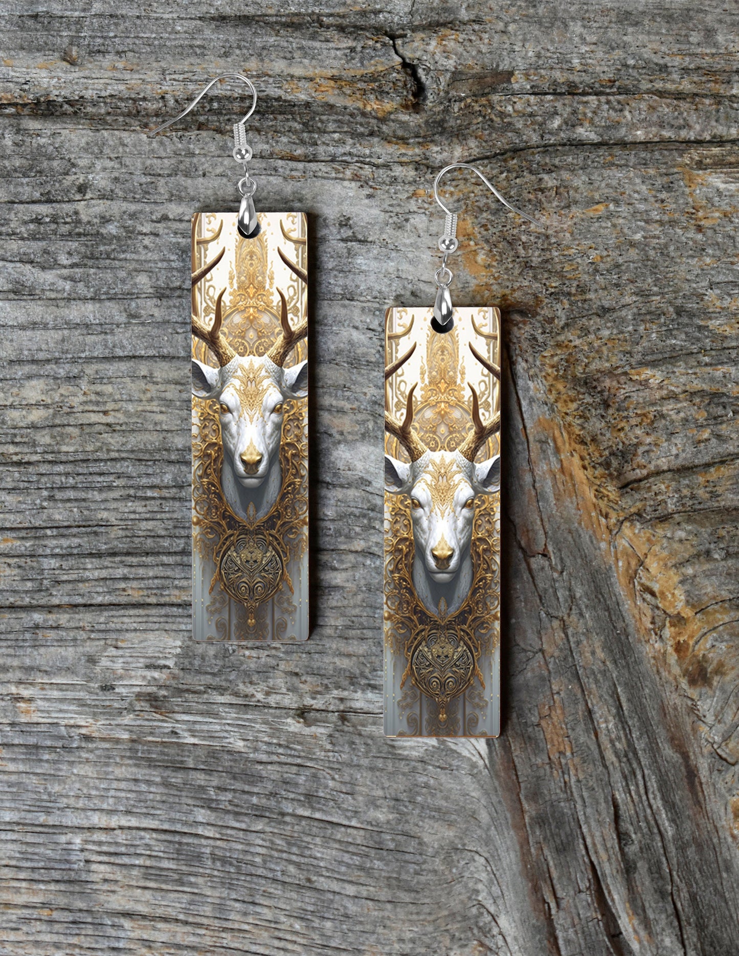 Rococo Deer Earrings, Printed Wood Dangle Earrings Hypoallergenic Jewelry Handmade