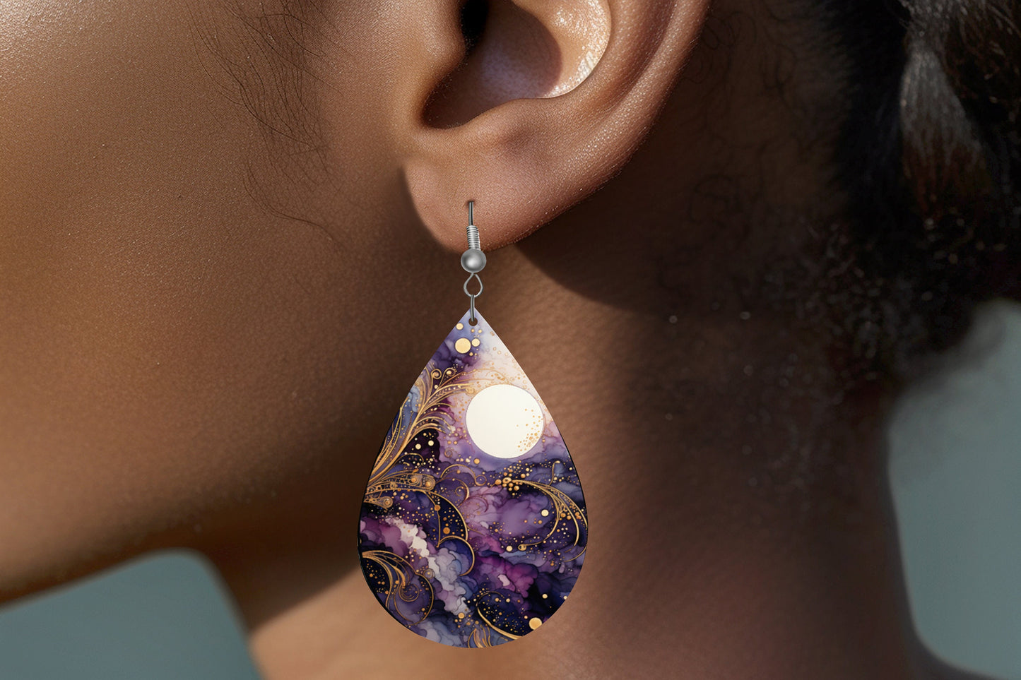 Moon in Purple Sky Earrings Print Tear Drop Wood Dangle Earrings Hypoallergenic Jewelry