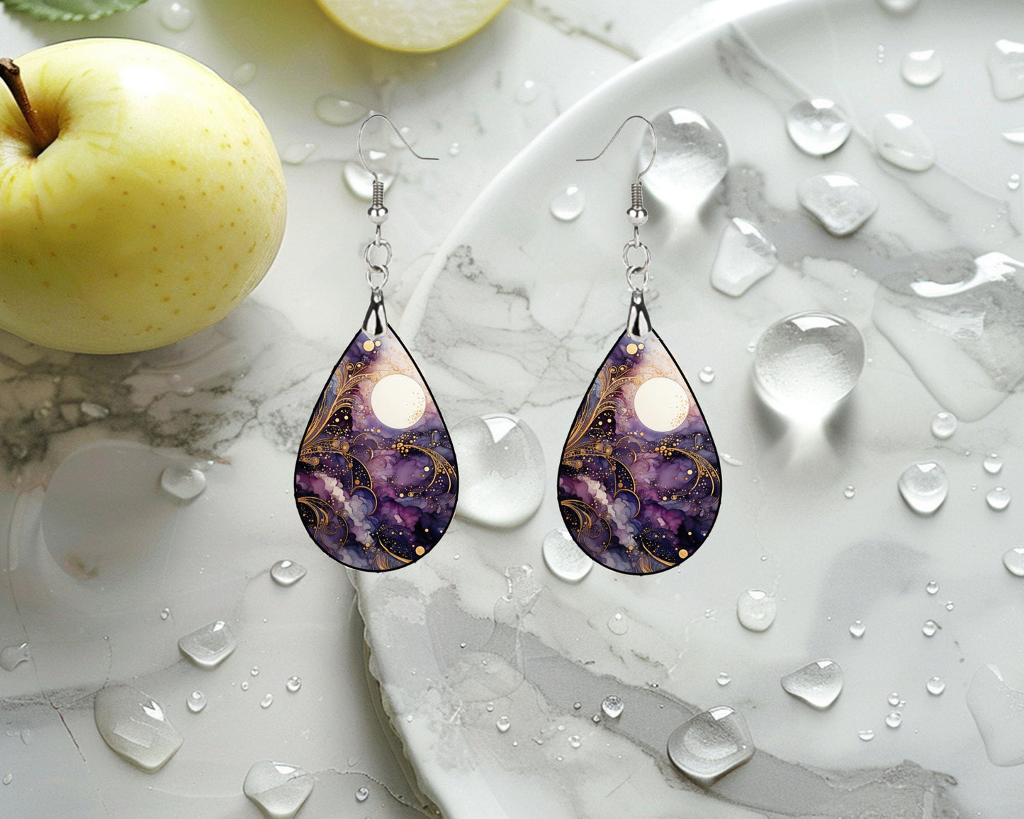 Moon in Purple Sky Earrings Print Tear Drop Wood Dangle Earrings Hypoallergenic Jewelry