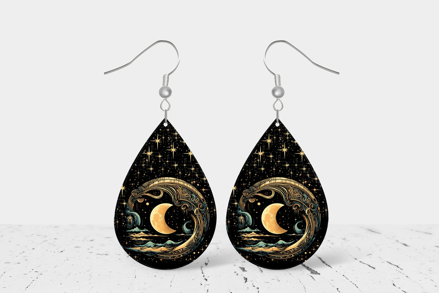 Moon in Black Starlit Sky Earrings Print Tear Drop Wood Dangle Earrings Hypoallergenic Jewelry