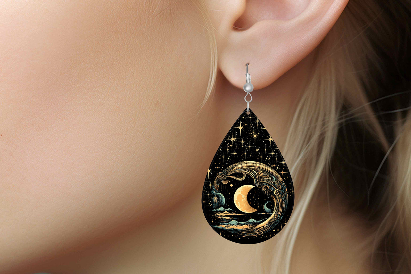 Moon in Black Starlit Sky Earrings Print Tear Drop Wood Dangle Earrings Hypoallergenic Jewelry