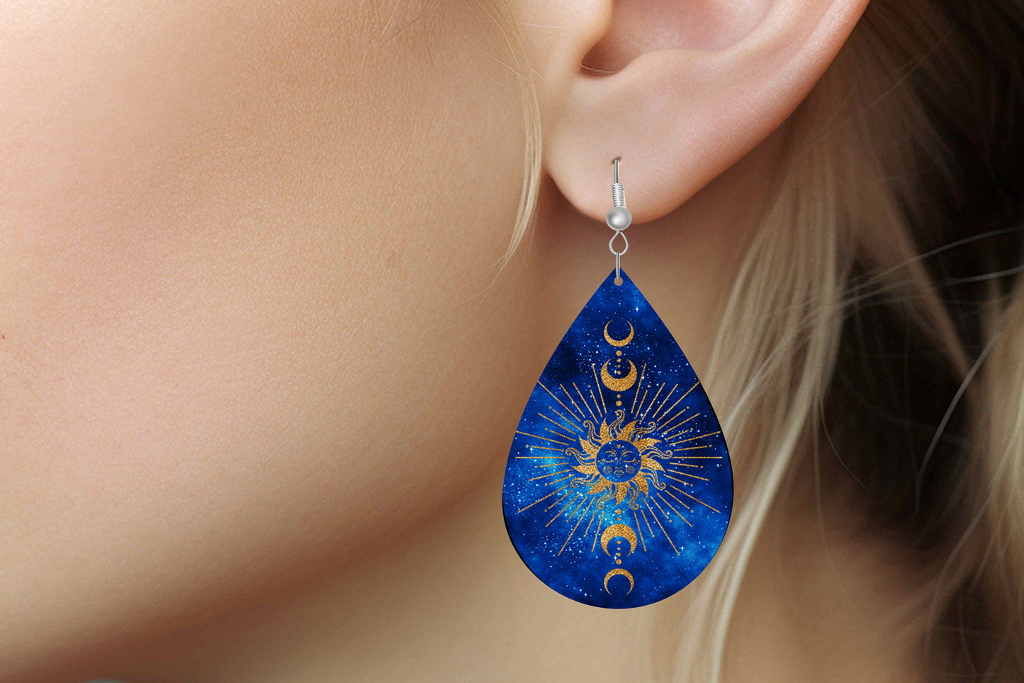 Moon Phase on Blue Earrings Print Tear Drop Wood Dangle Earrings Hypoallergenic Jewelry