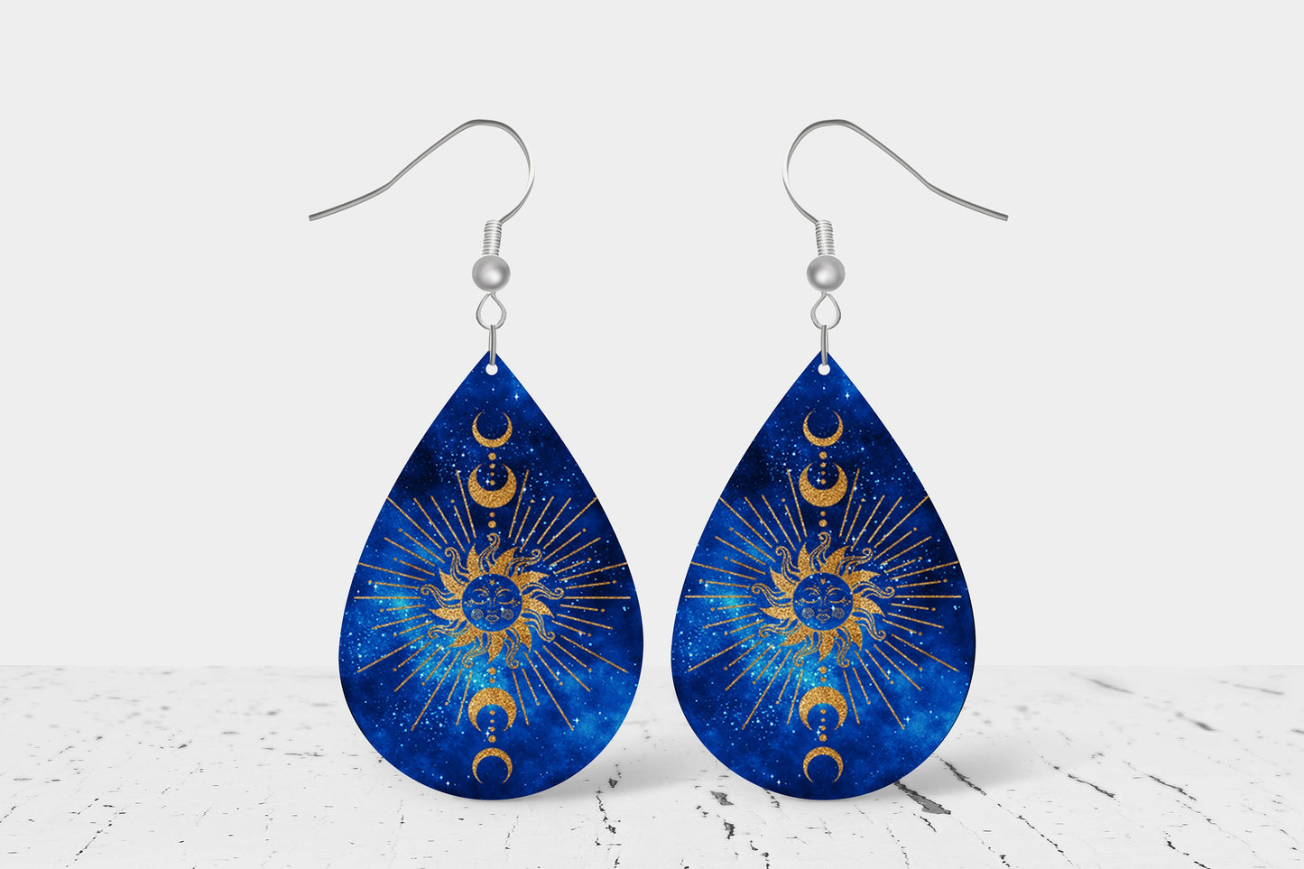 Moon Phase on Blue Earrings Print Tear Drop Wood Dangle Earrings Hypoallergenic Jewelry