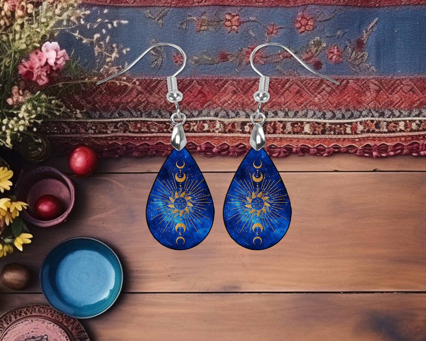 Moon Phase on Blue Earrings Print Tear Drop Wood Dangle Earrings Hypoallergenic Jewelry