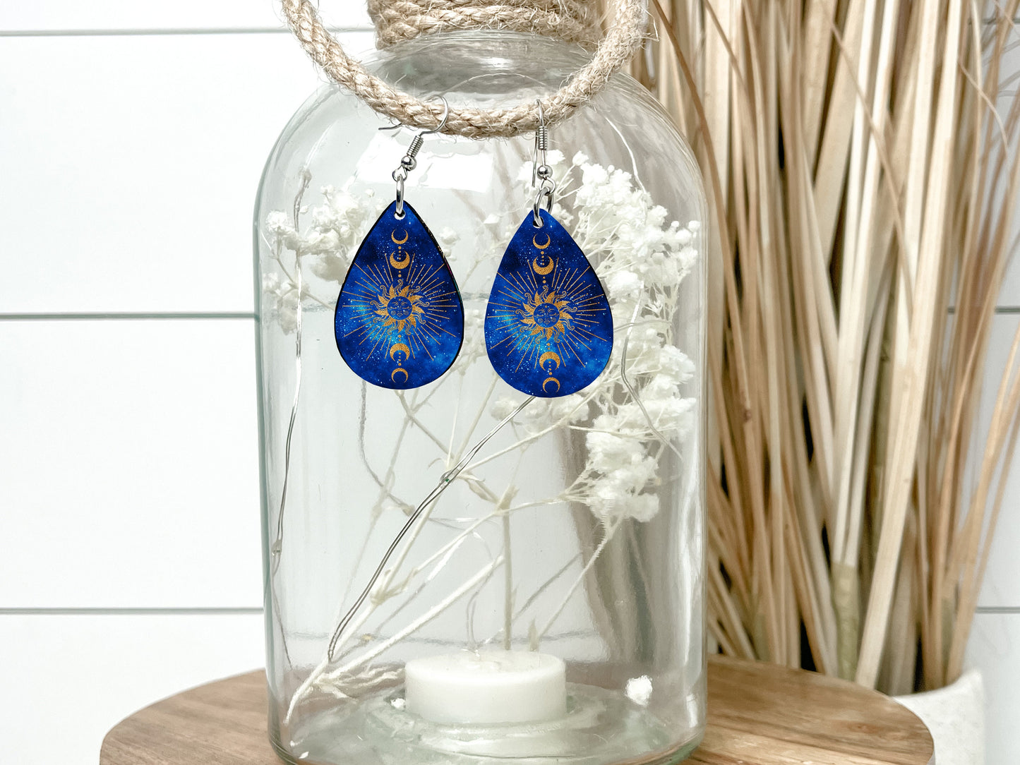 Moon Phase on Blue Earrings Print Tear Drop Wood Dangle Earrings Hypoallergenic Jewelry