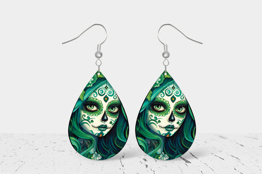 New Release Green Sugar Skull Woman Print Tear Drop Wood Dangle Earrings Hypoallergenic Jewelry