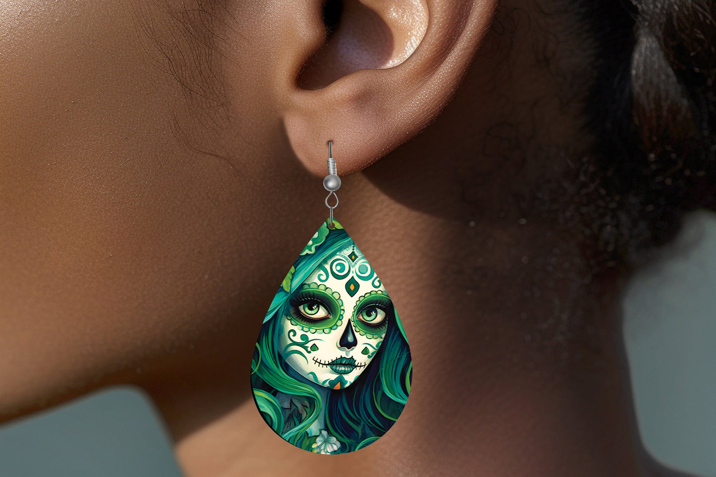 New Release Green Sugar Skull Woman Print Tear Drop Wood Dangle Earrings Hypoallergenic Jewelry